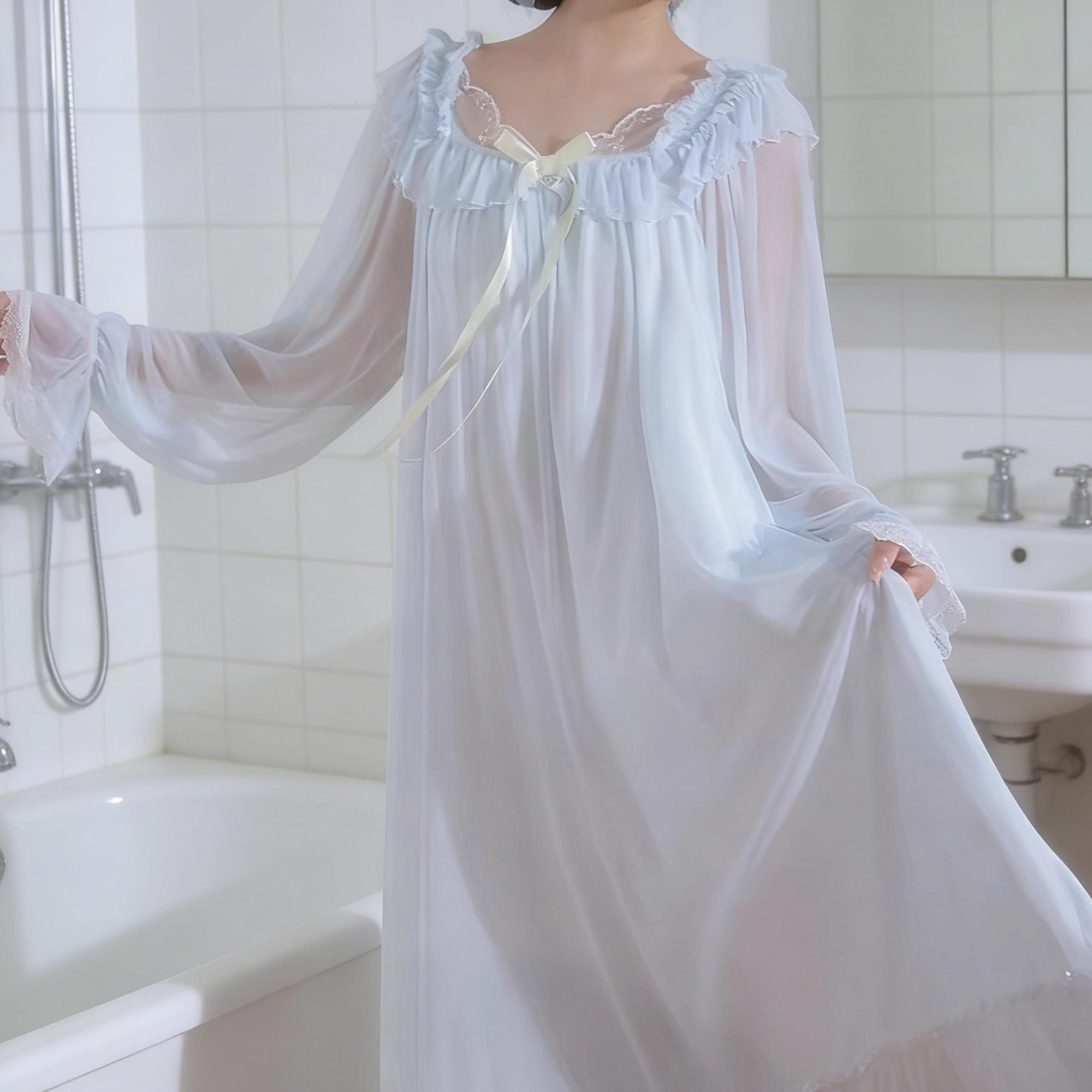 White Ruffle Bow Lace Trim Romantic Long Sleeve Nightgown