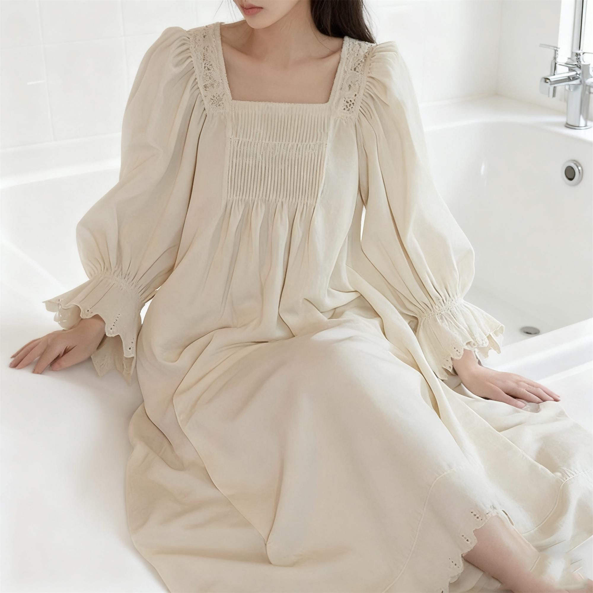 White Square Neck Lace Trim Vintage Long Sleeve Nightgown