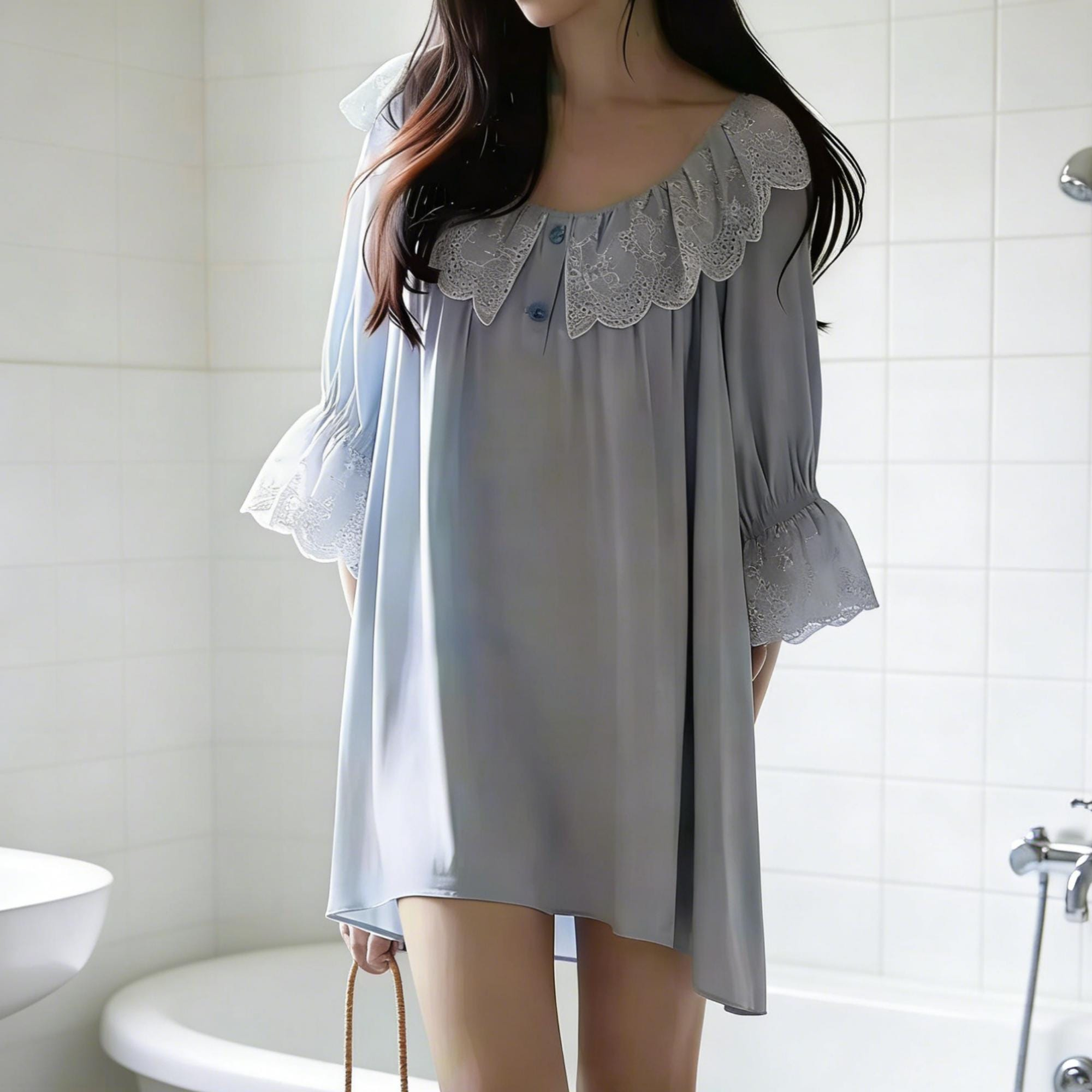 Light Gray Lace Collar Ruffle Sleeve Romantic Nightgown