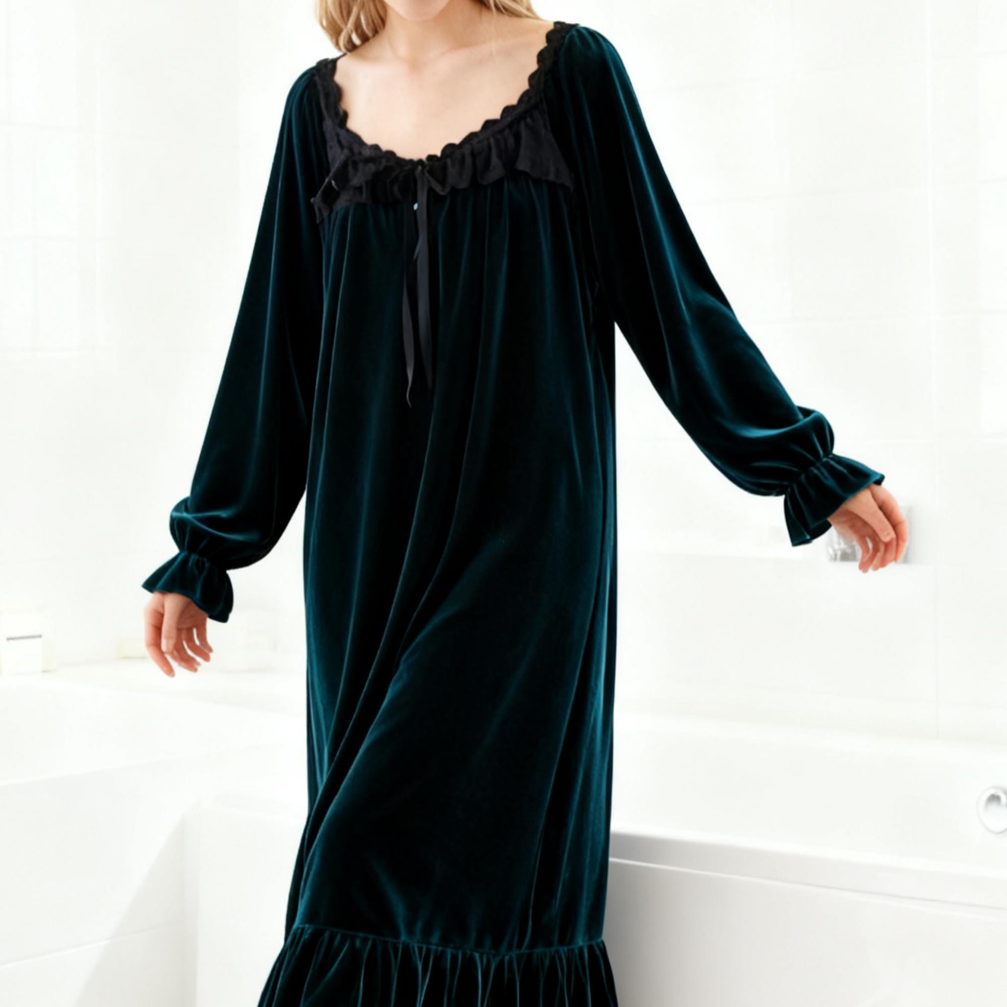 Dark Teal Velvet Black Ruffle Trim Sexy Long Sleeve Nightgown
