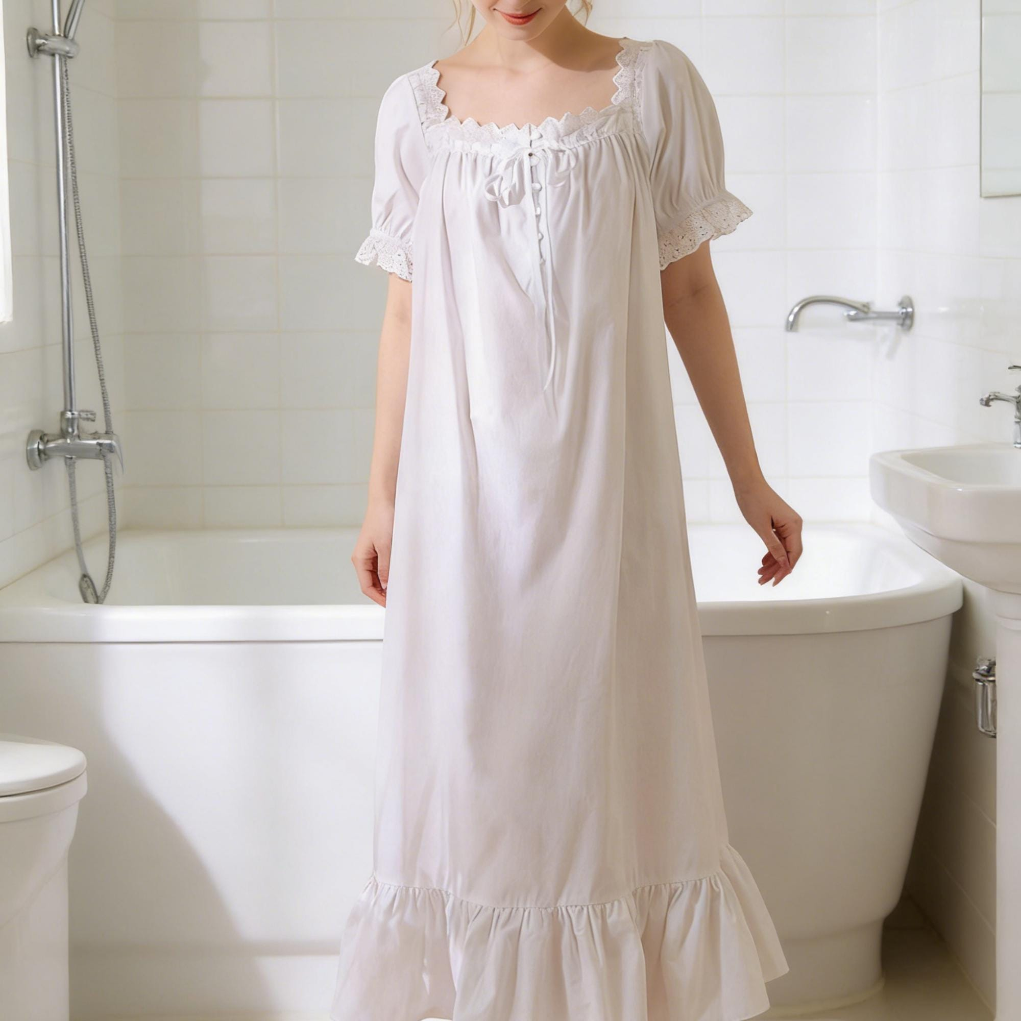 White Ruffle Square Neck Short Puff Sleeve Romantic Nightgown